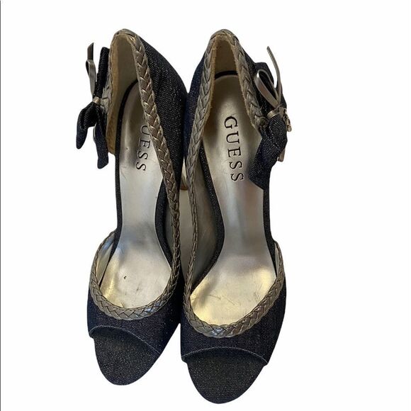 GUESS Denim&Silver Bow Open Toe High Heel 6 - Picture 2 of 10